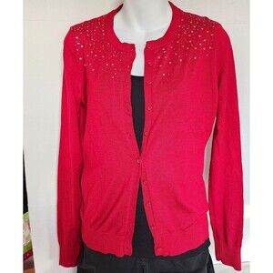 Central Park West Red Cardigan Small Sequin Beaded Button Sweater